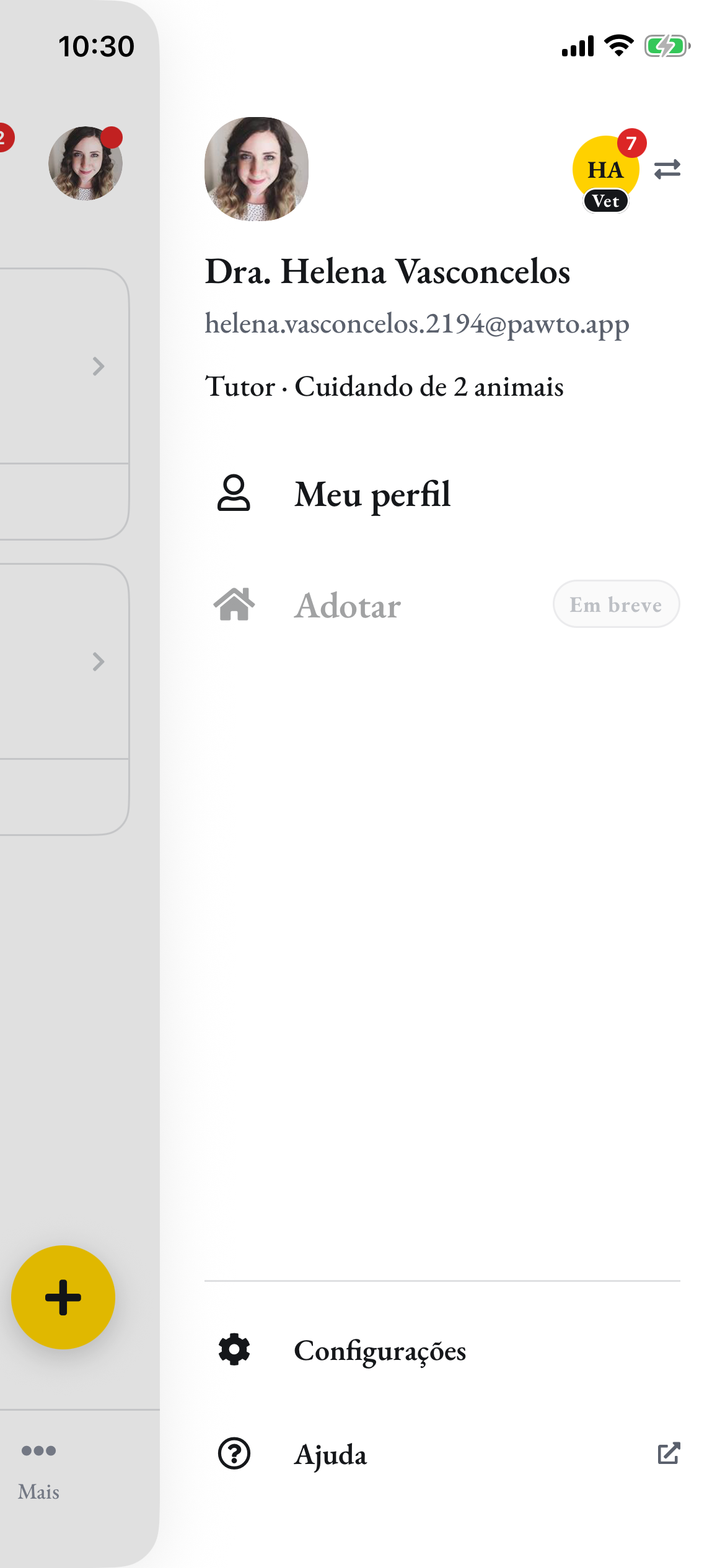 O menu aberto, com o círculo da clínica, marcado Vet, destacado