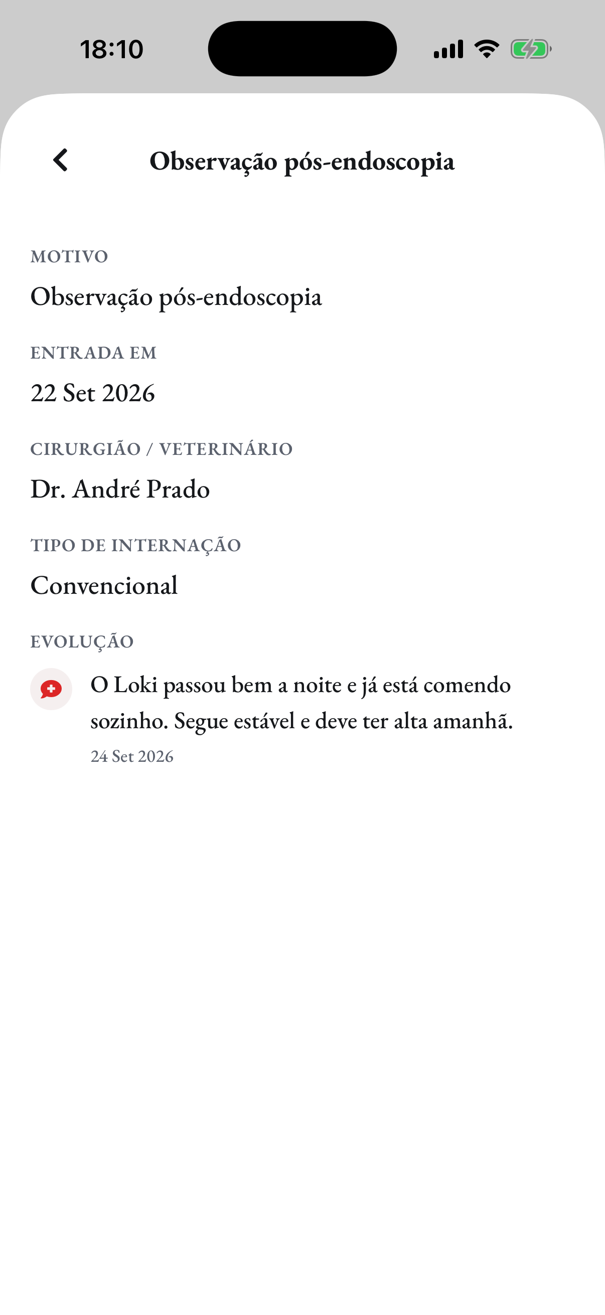 A atualização da internação do Loki no app do tutor