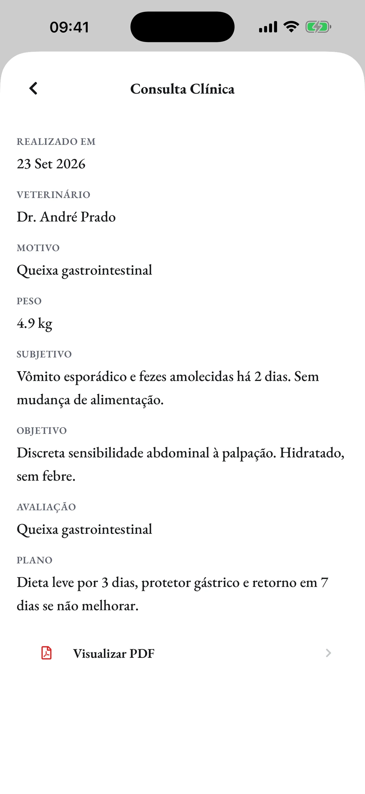 Uma consulta clínica do Loki no celular, com subjetivo, objetivo, avaliação e plano