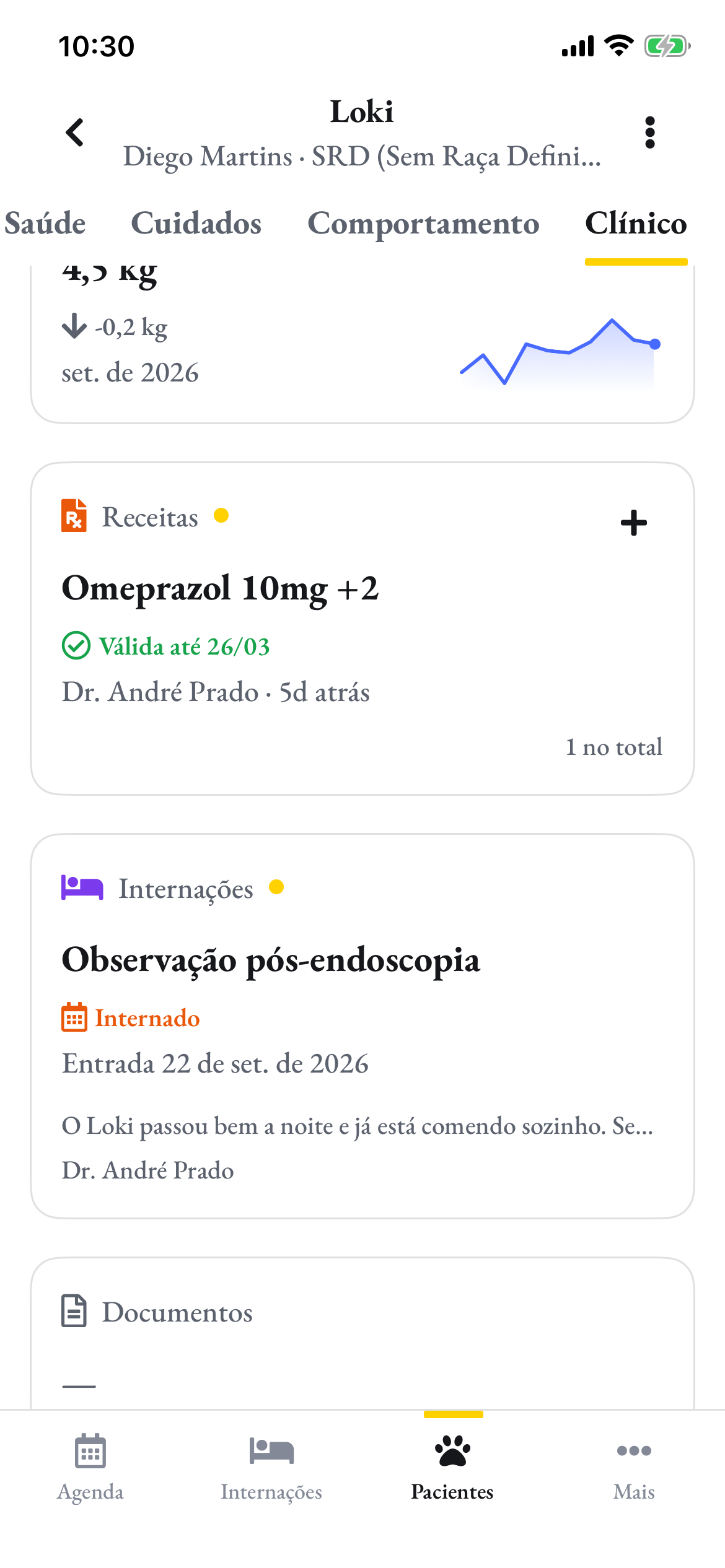 A aba Clínico do Loki no celular: peso, receita e a internação com a última nota