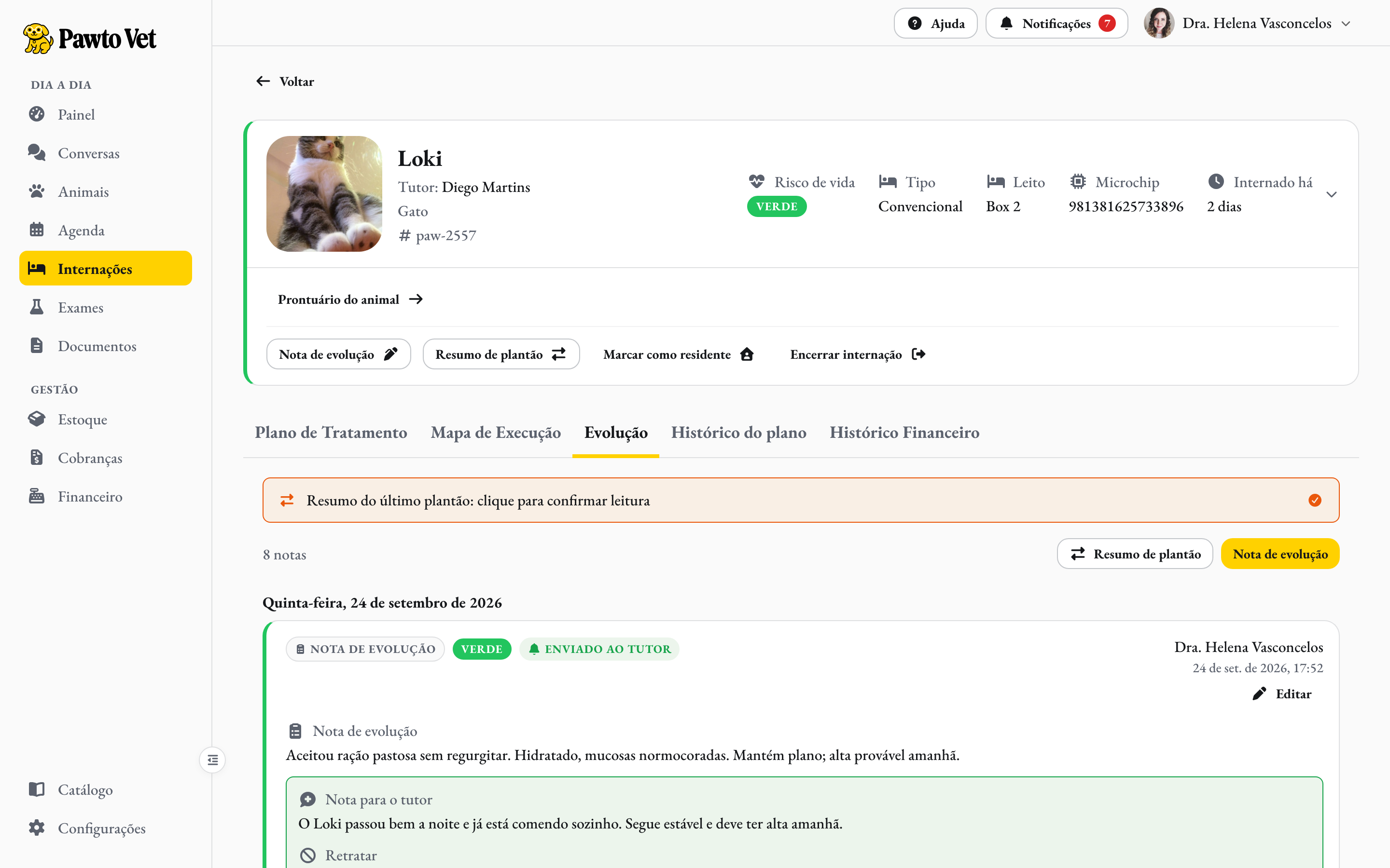 As notas de evolução do Loki no Pawto Vet, com a atualização enviada ao tutor