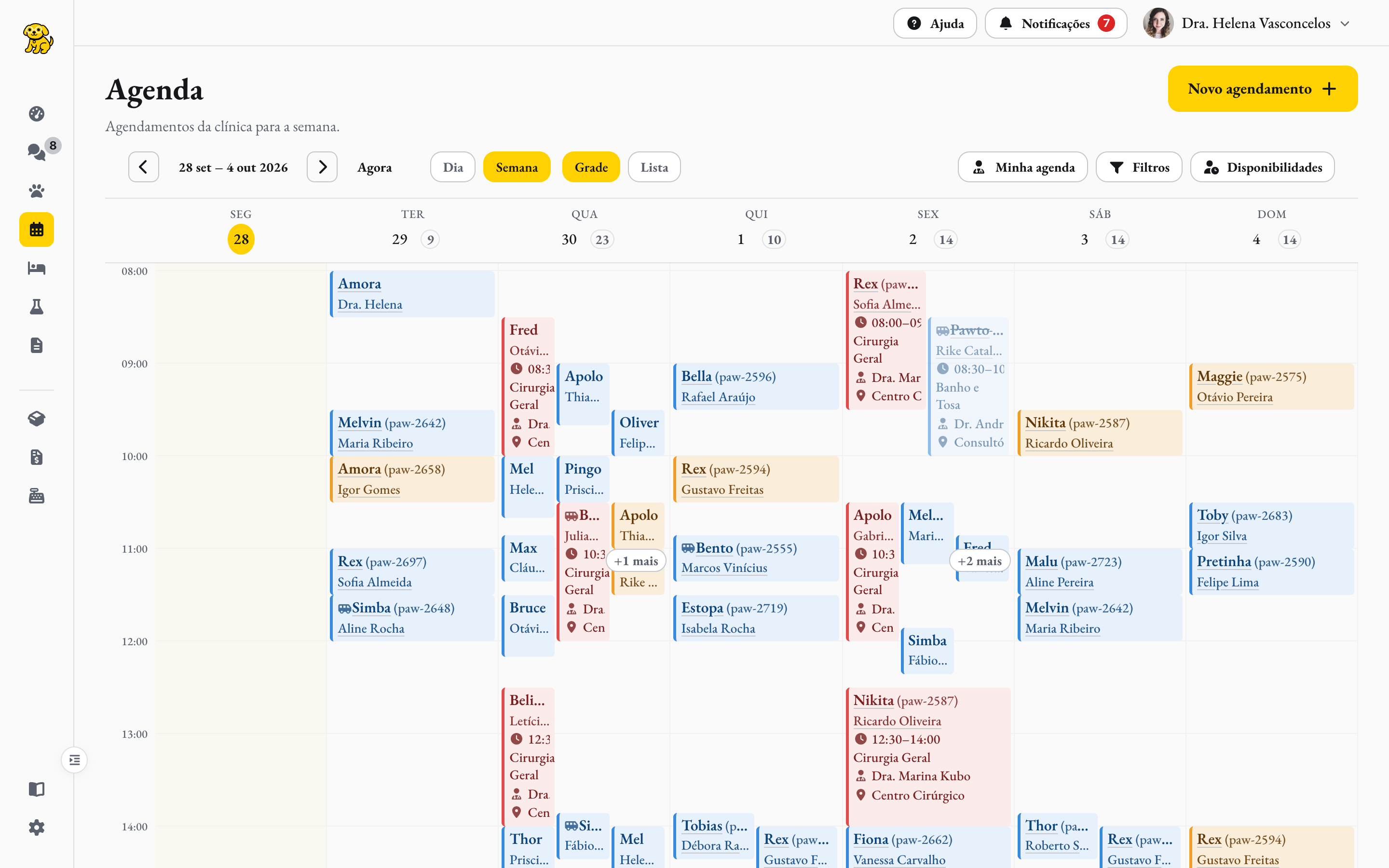 A agenda da semana da clínica no Pawto Vet