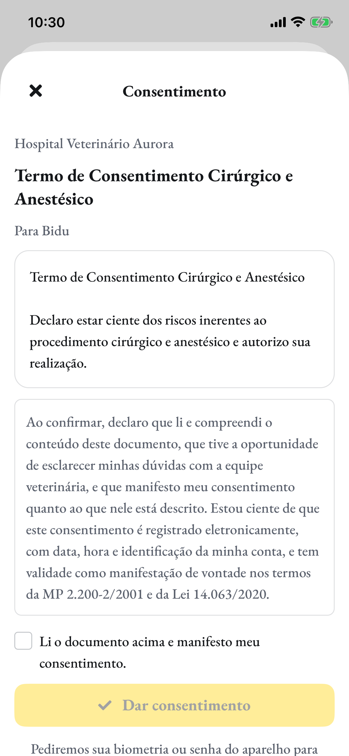 O mesmo termo no app do tutor, com o botão Dar consentimento