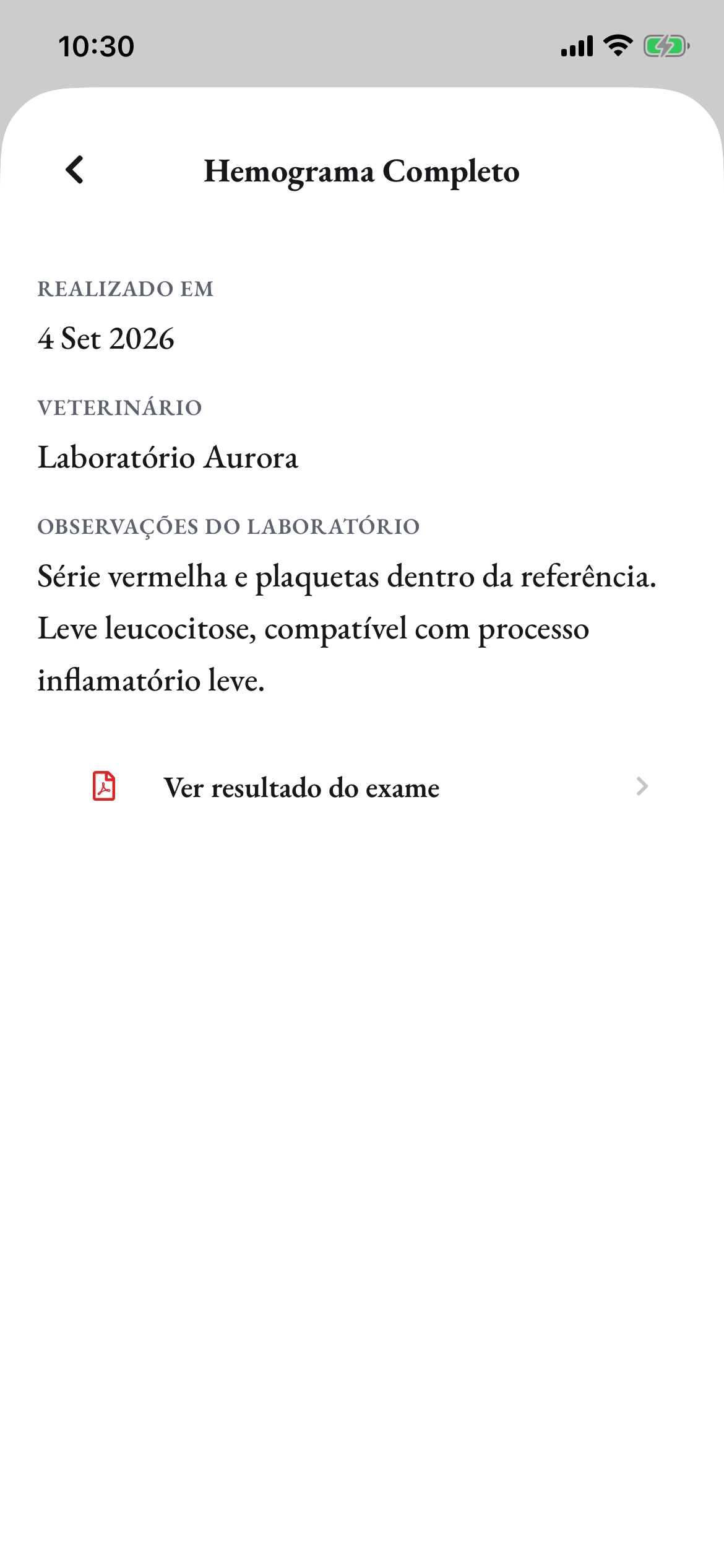 O resultado do hemograma no app do tutor, com as observações do laboratório