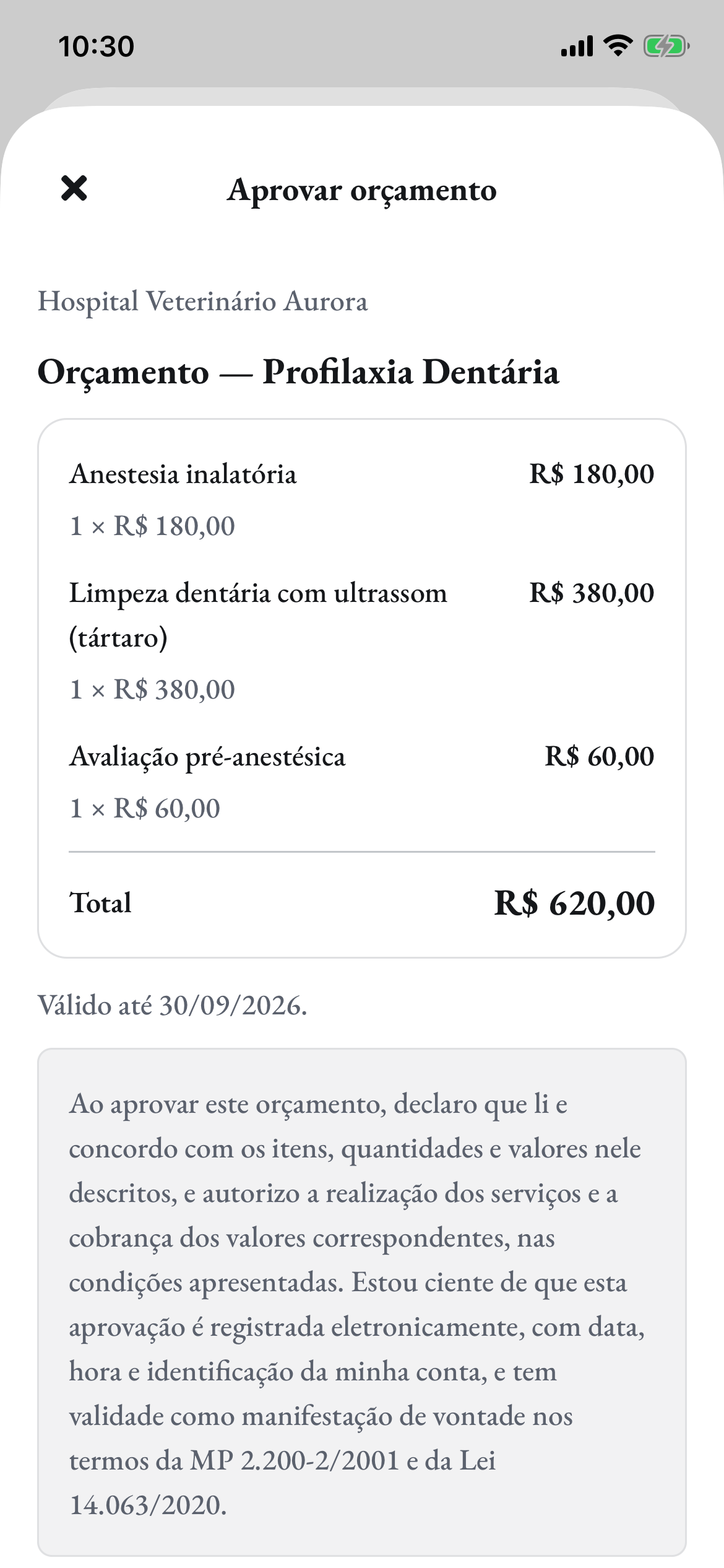 O tutor aprovando o orçamento no app, item a item