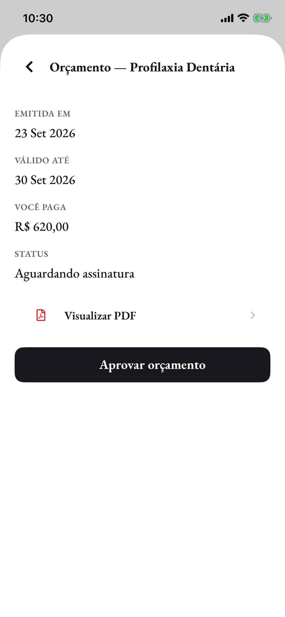 O orçamento de profilaxia dentária no app do tutor, R$ 620, com o botão Aprovar orçamento