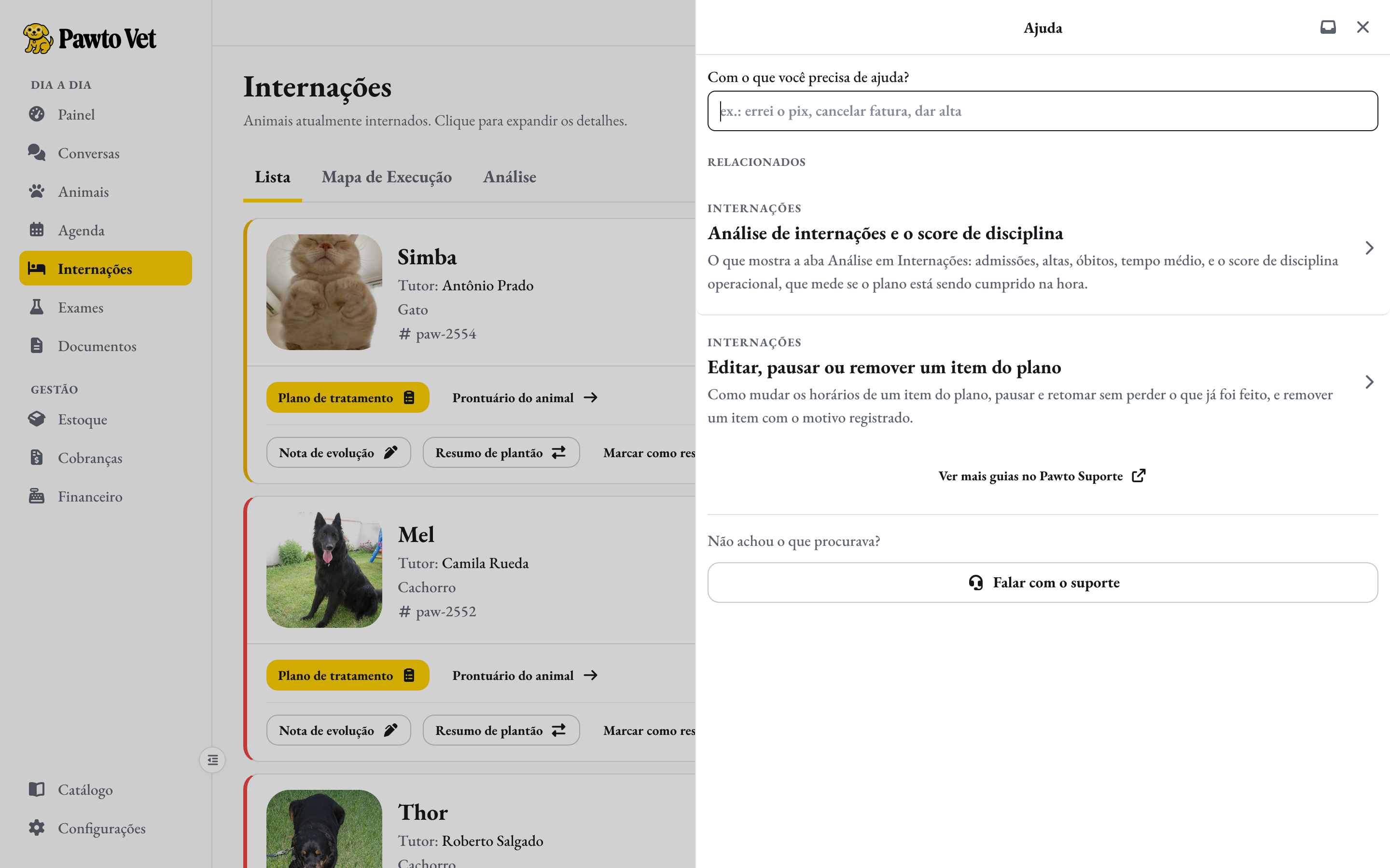 O botão Ajuda aberto na tela de Internações do Pawto Vet, com os guias dessa tela e o botão Falar com o suporte
