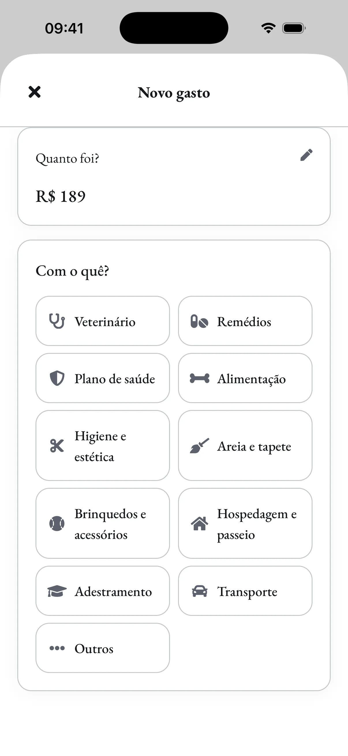Novo gasto no app Pawto: Com o quê?, com as categorias em cartões
