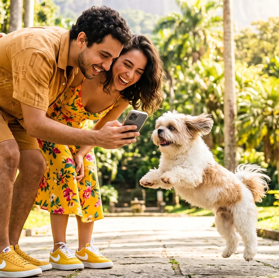 Um casal rindo para o celular enquanto o cachorro pula na frente deles