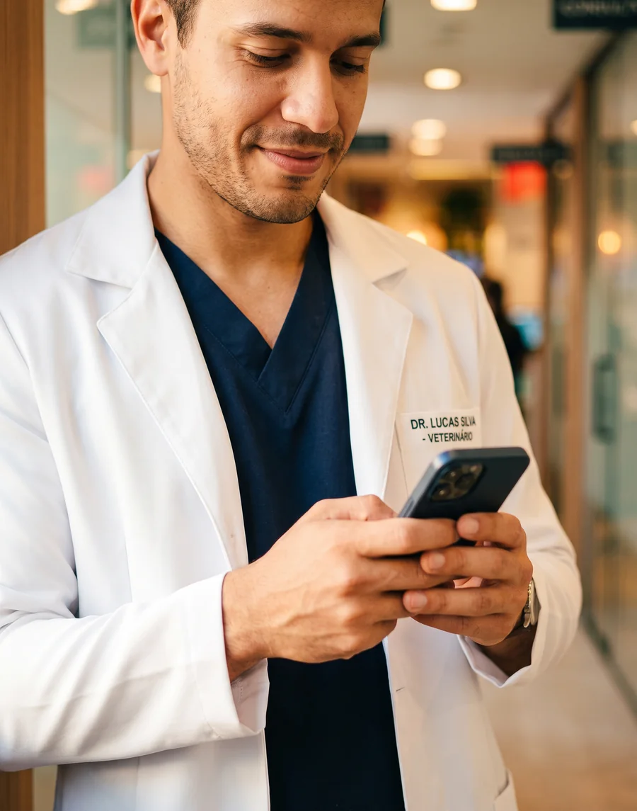 Um veterinário de jaleco sorri olhando o celular no corredor da clínica