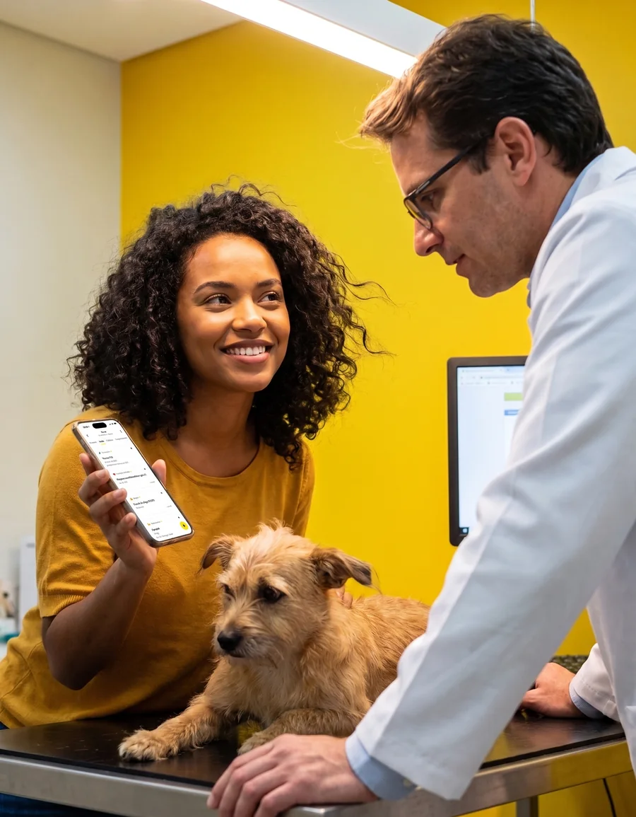 Uma tutora mostra o celular ao veterinário, com o cachorro na mesa de atendimento