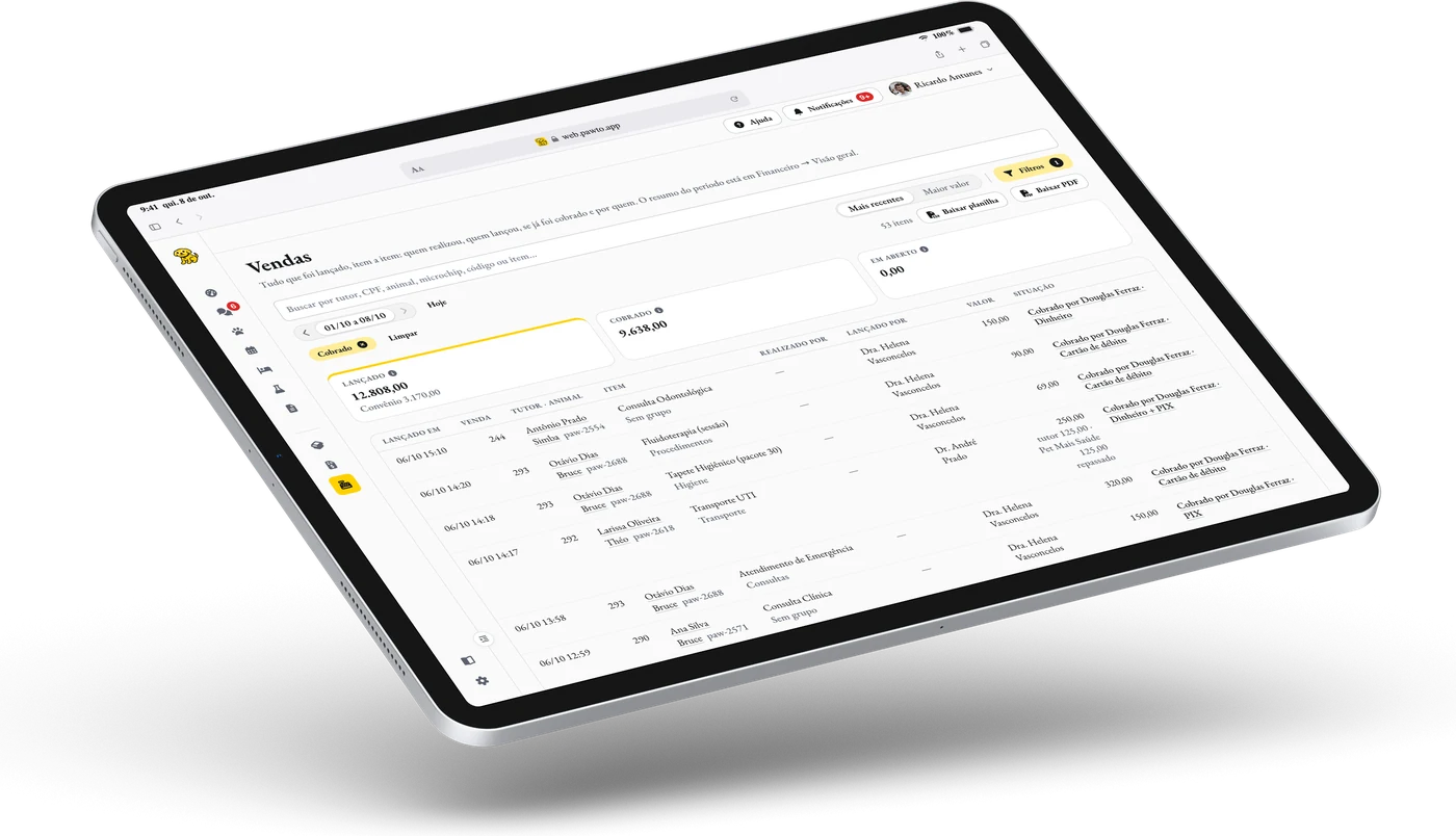 A página de Vendas do Pawto Vet num iPad, com os botões para baixar o relatório em planilha e em PDF