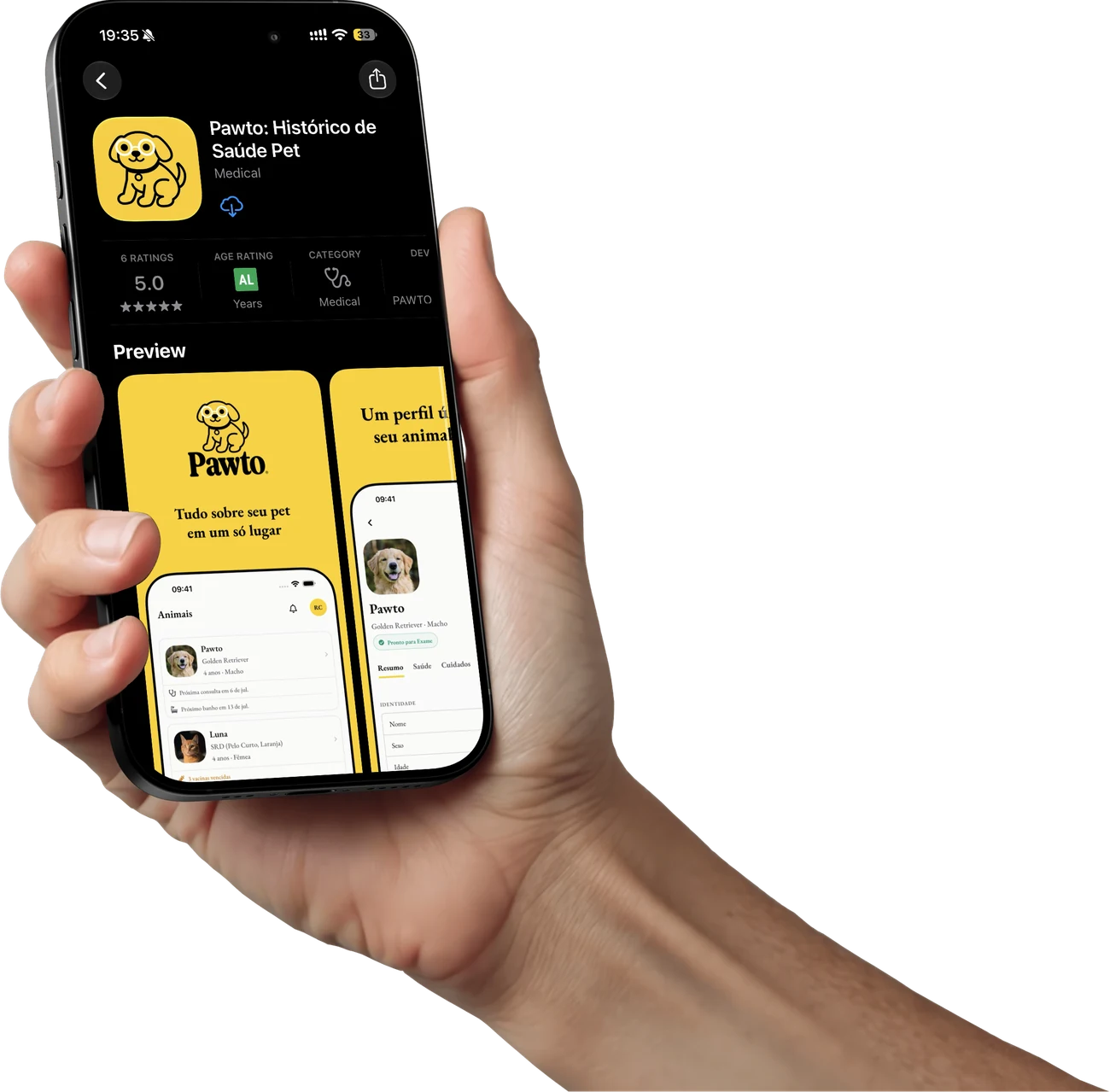 Uma mão segurando um celular com a página do Pawto na App Store