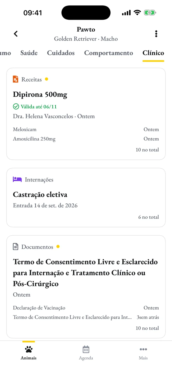 A aba Clínico do Pawto: receitas, internações e documentos