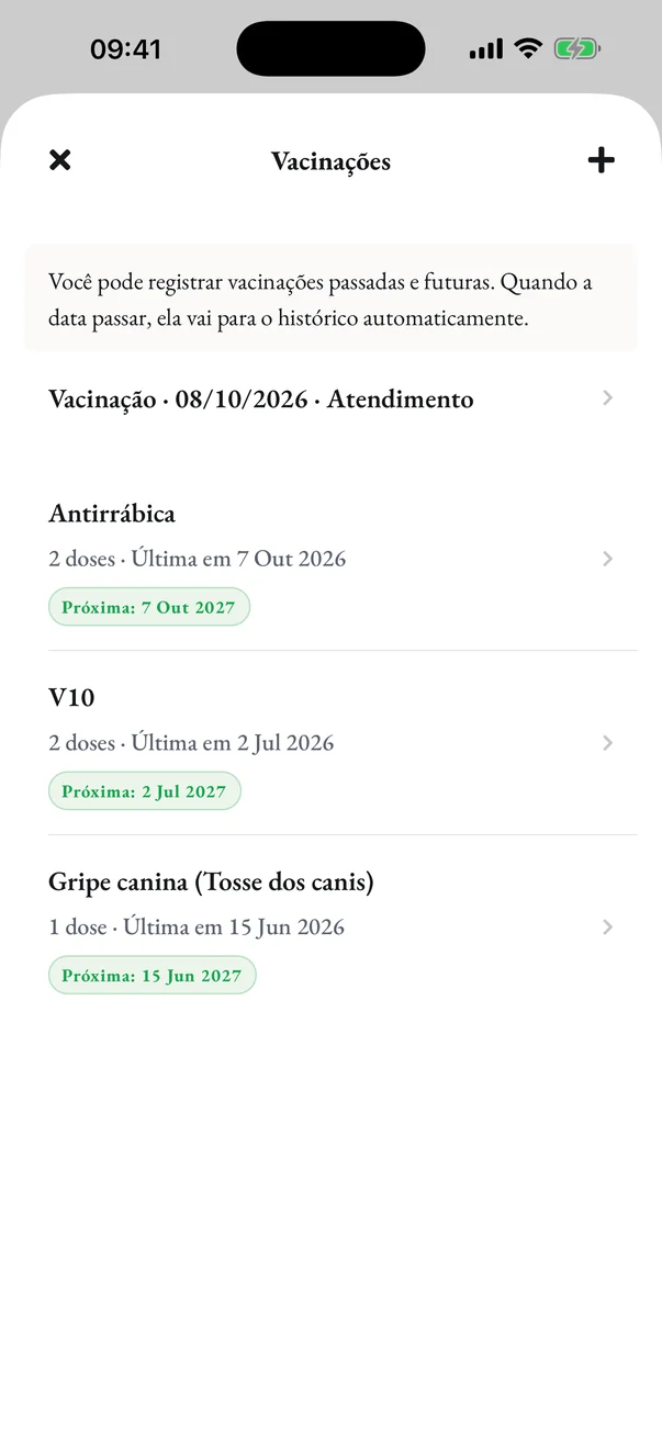 As vacinas do Pawto: antirrábica, V10 e gripe canina, cada uma com a próxima dose
