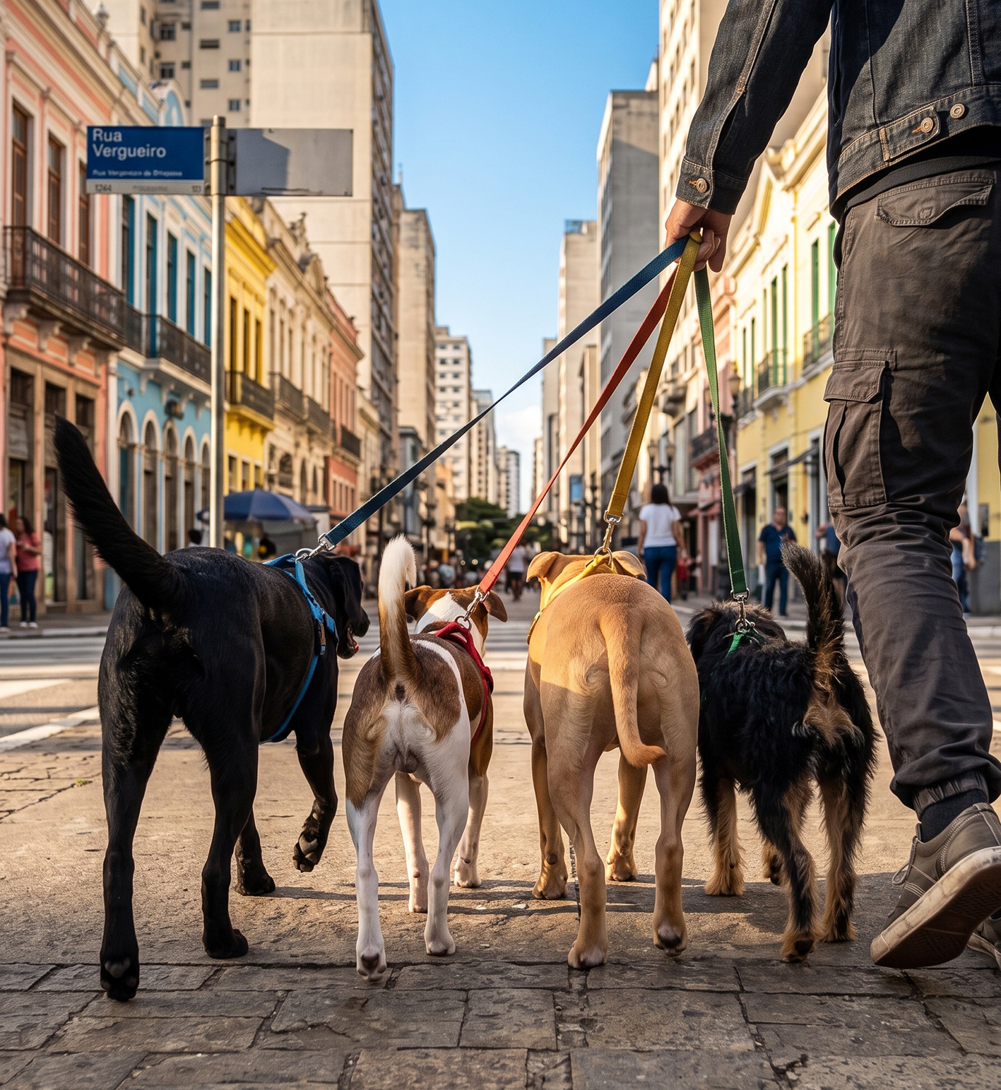 Passeador com quatro cães na rua