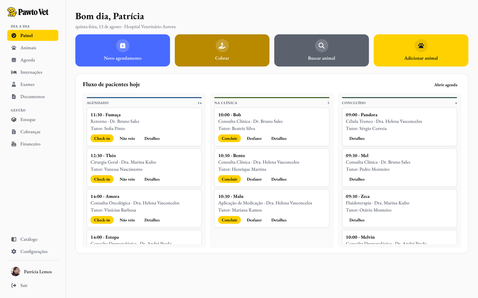 Painel da recepção: o quadro de fluxo de pacientes do dia