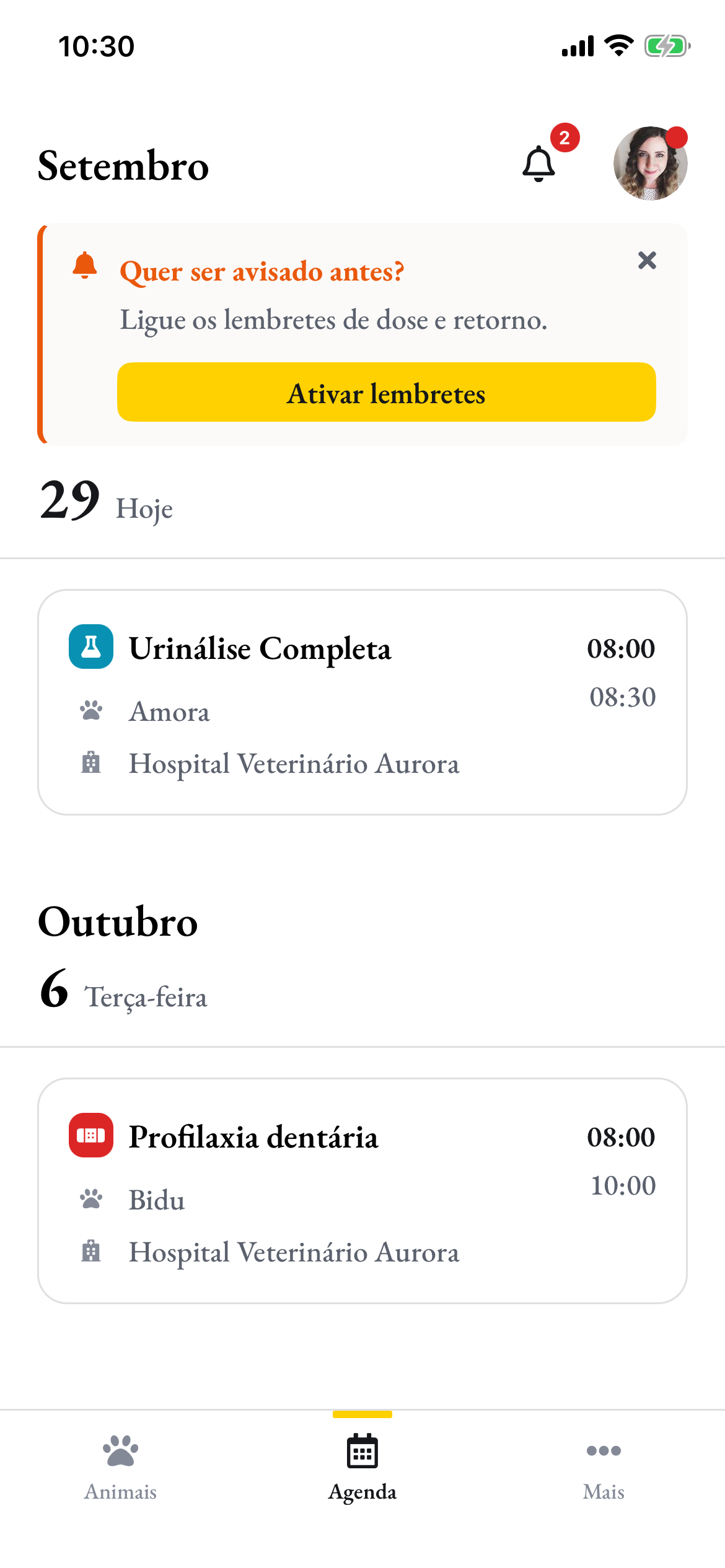 A agenda do app, com o convite para ligar os lembretes de dose e retorno
