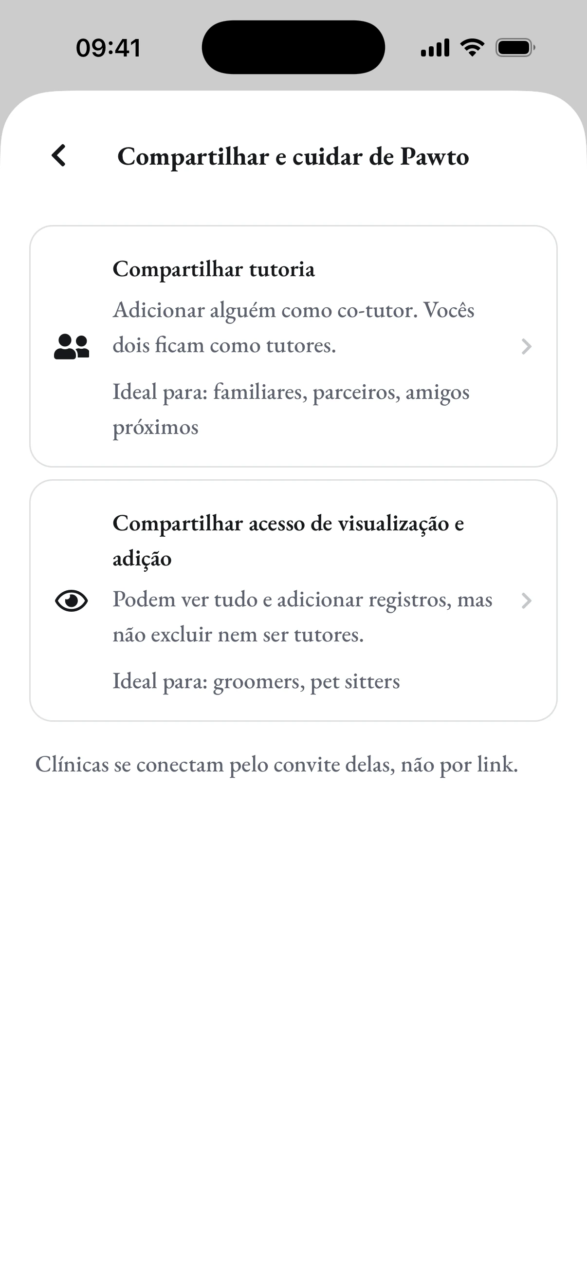 Compartilhar e cuidar do Pawto: adicionar alguém como cotutor ou dar acesso de visualização
