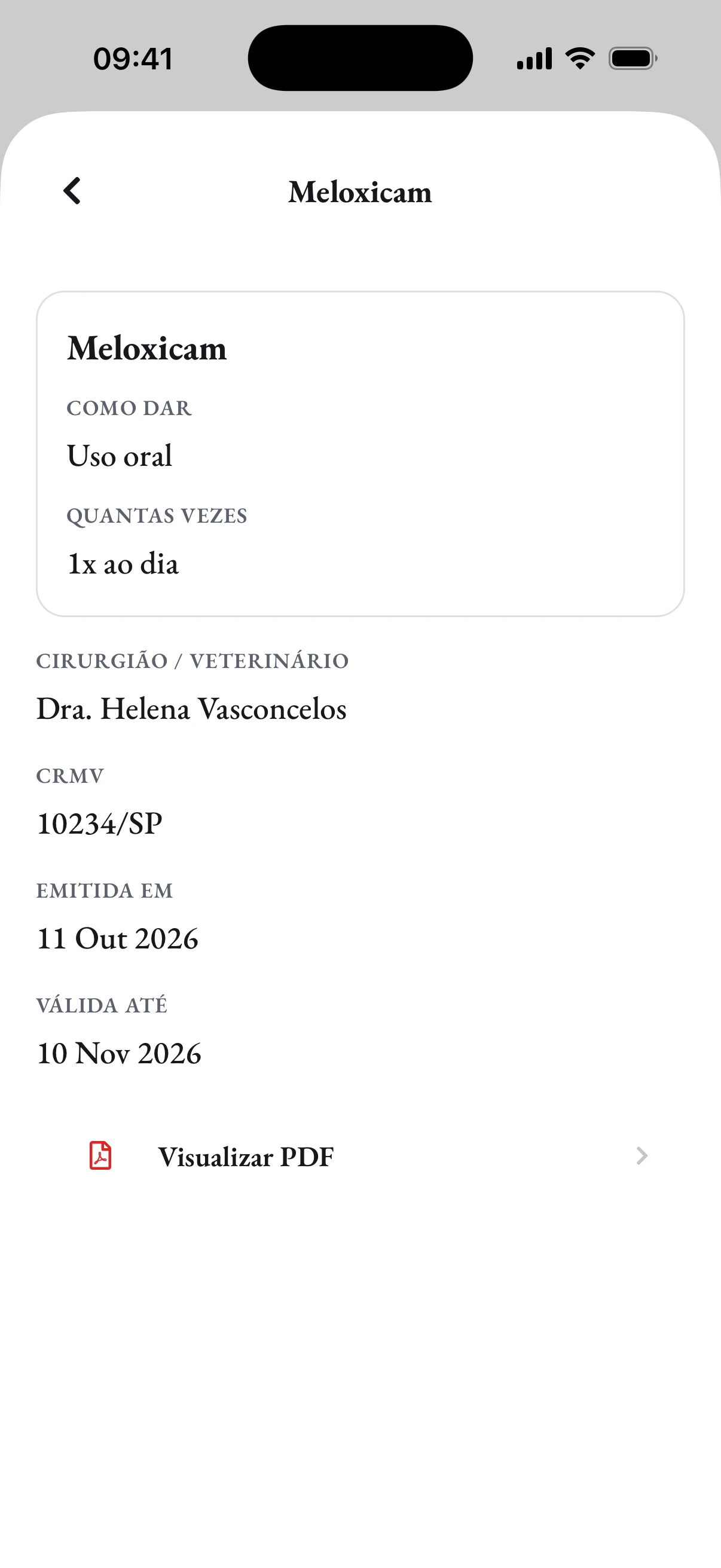Uma receita do Pawto no app, emitida pela clínica
