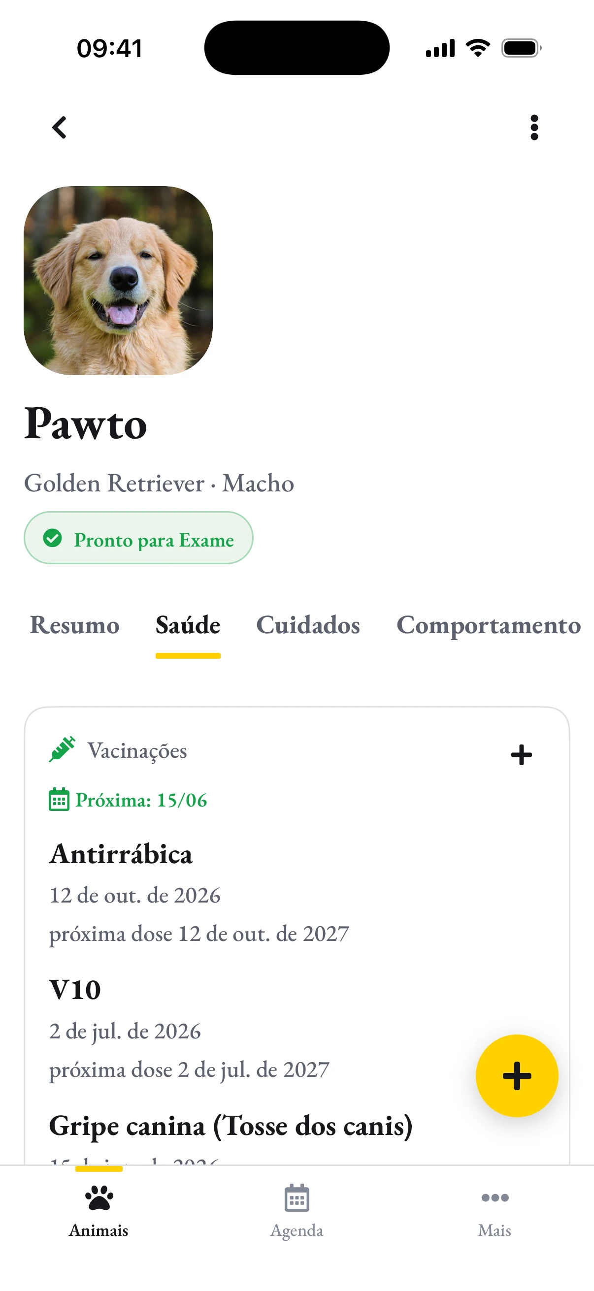 O perfil do Pawto no app, com as vacinas e a próxima dose